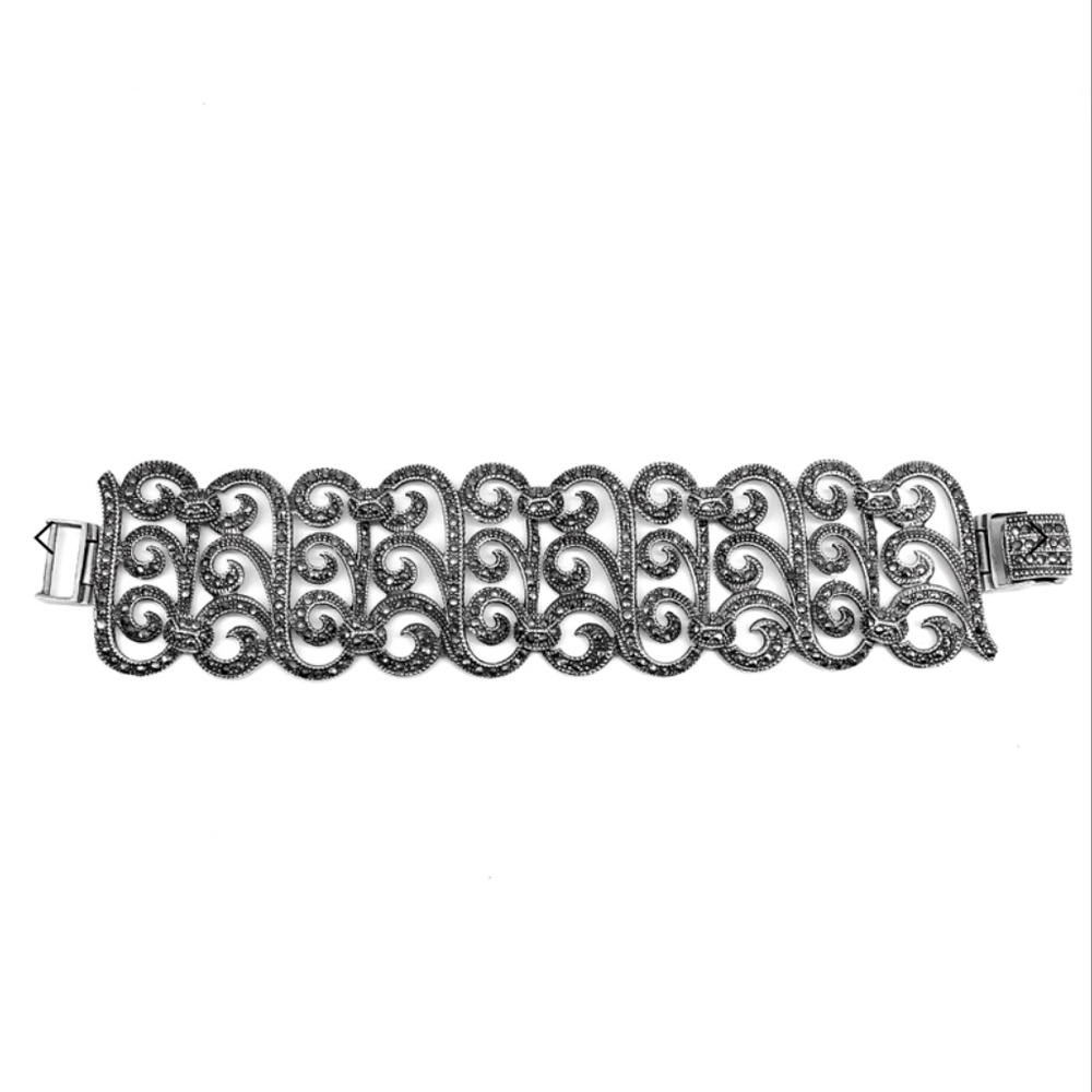 Maureen Wide Solid Silver Marcasite Bracelet - image 4